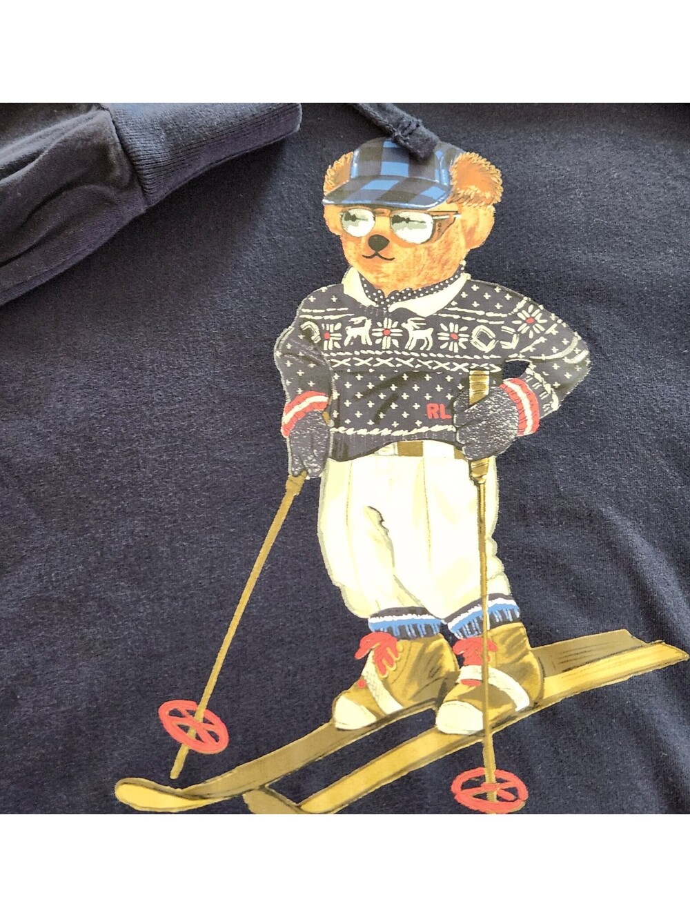Polo Ralph Lauren Mens Navy Fair Isle Ski Bear Hoodie Pullover L/S Shirt Medium - Picture 8 of 10